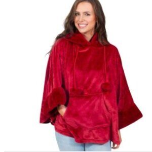 Jane Marie Womens Fuzzy Hooded Poncho Red Pockets Ball Tassel M New